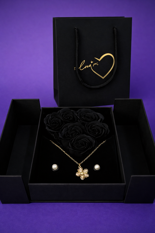 Luxury Black Jewelry Gift Box with Artificial Roses, Necklace & Earrings | Elegant Romantic Gift Set for Wife, Girlfriend, Mom | Perfect for Anniversary, Valentine’s Day, Wedding & Birthday Surprises