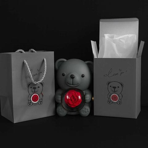 Grey Teddy Bear With Eternal Rose Gift Box | Romantic Premium Gift for Her & Couples